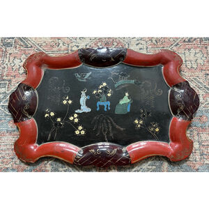 Rare Vintage Hand Painted Floral Papier Mache Serving Tray Japan Antique